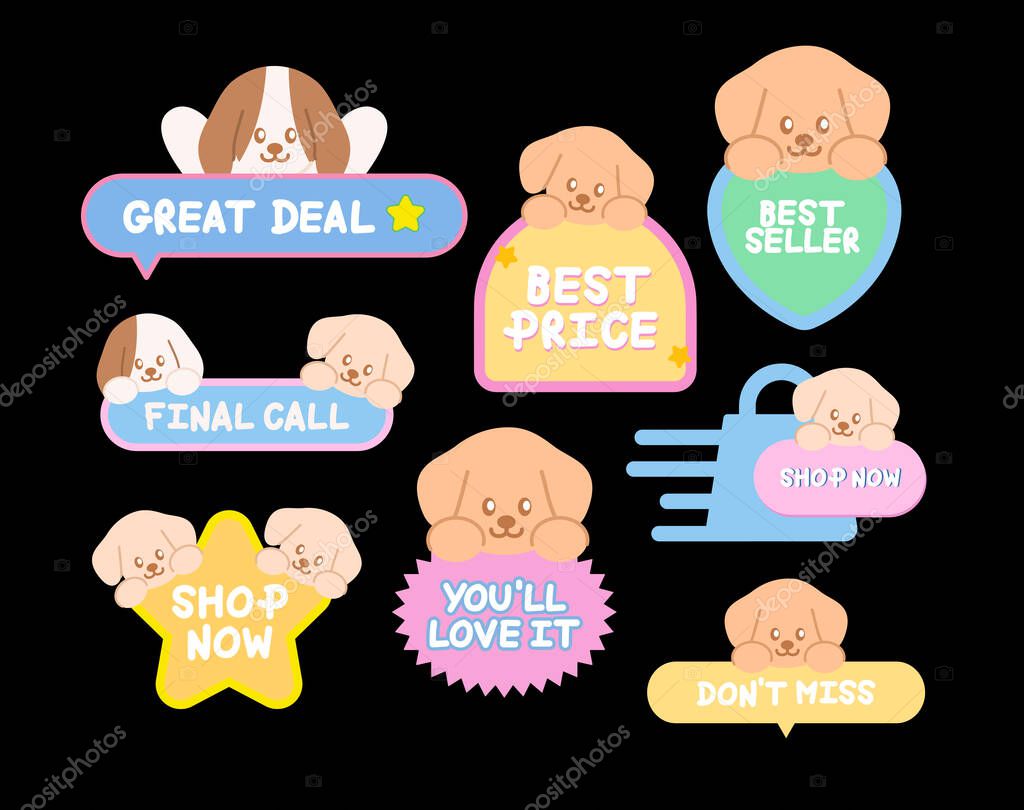 Cute puppy sale icons such as great deal, best price, shop now, final call for online shopping, promotion, sticker, banner, discount, web button, campaign badge, brochure, price tag, animal, pet shop