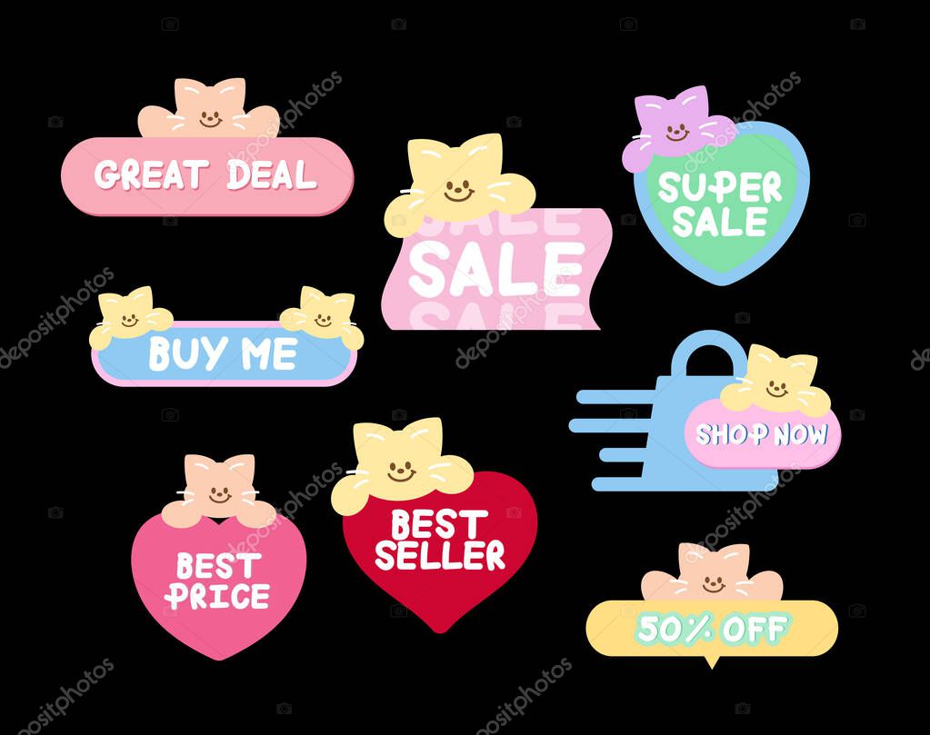 Cute cat sale icons such as great deal, super sale, buy me, best seller, shop now for online shopping, promotion, sticker, banner, discount, web button, campaign, brochure, price tag, animal, pet shop