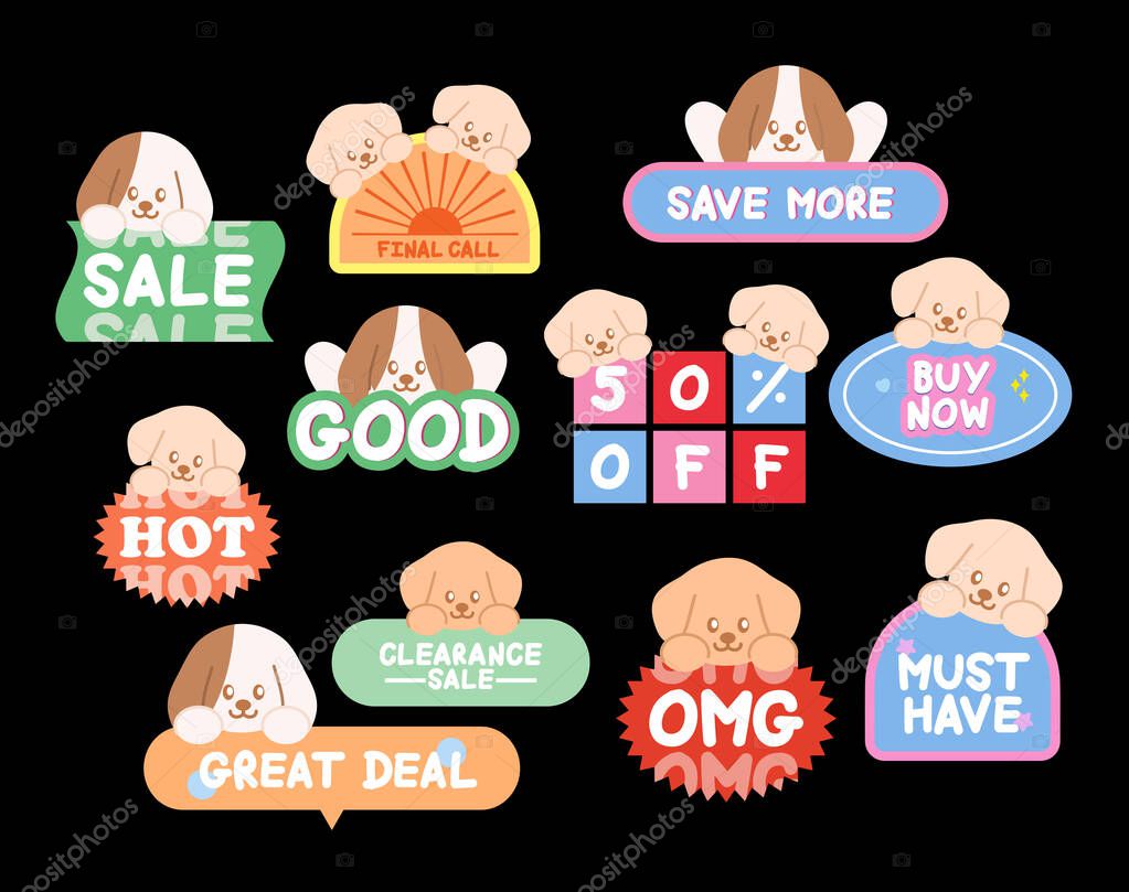 Cute puppy sale icons such as final call, save more, must have, buy now, OMG for online shopping, promotion, sticker, banner, discount, web button, campaign, brochure, price tag, animal, pet shop, dog