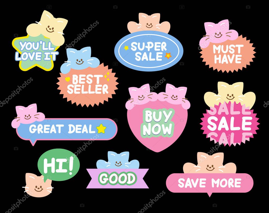 Cute cat sale icons such as super sale, must have, buy now, good, you'll love it for online shopping, promotion, sticker, banner, discount, web button, campaign, brochure, price tag, animal, pet shop