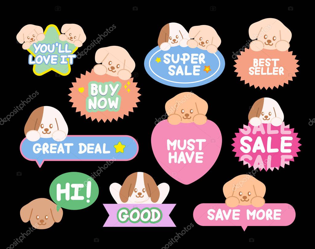 Cute puppy sale icons such as must have, best seller, great deal for online shopping, promotion, sticker, banner, discount, web button, campaign badge, brochure, price tag, animal, pet shop, dogs