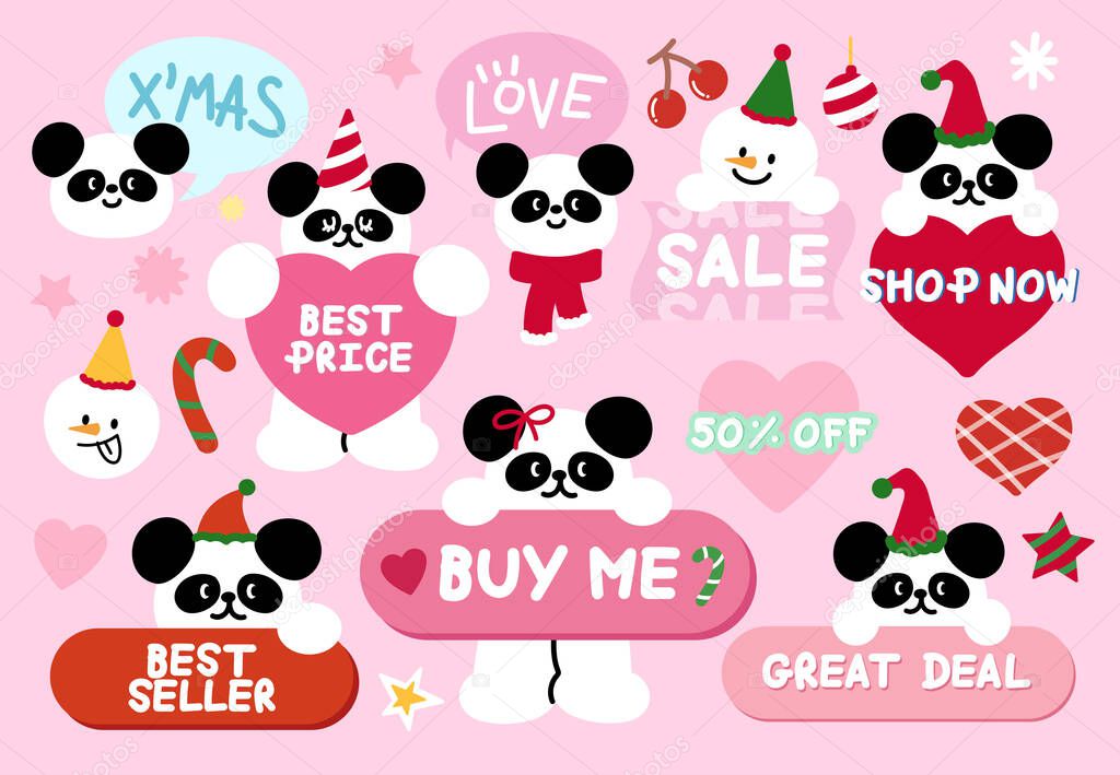 Cute Christmas sale icons such as best price, buy me, best seller, shop now with panda, snowman for online shopping, promotion, sticker, banner, special price, discount, button, campaign, ads, tags