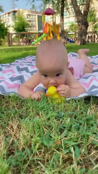 Cute Child Playing Rubber Ducky Lying Blanket Grass Park Summer — Stock Video