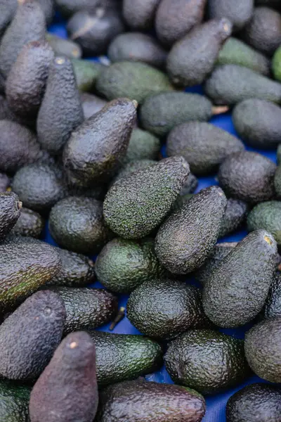 Güzel taze avokadolar bir markette, yakın plan.