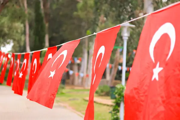 Parkta ipe asılı Türk kırmızı bayraklarını kapatın. Yüksek kalite fotoğraf