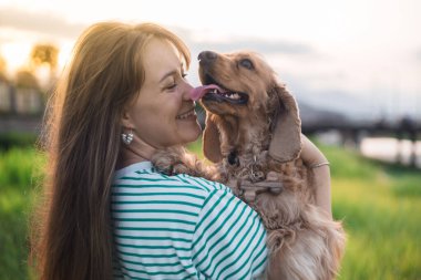 Genç ve güzel bir kadın ve cocker köpeğinin portresi, halk parkında yaz günbatımı.