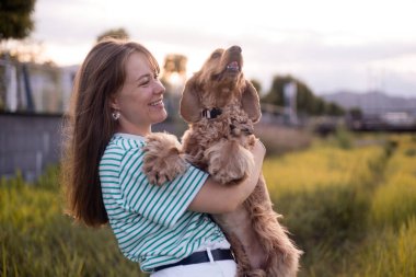 Genç ve güzel bir kadın ve cocker köpeğinin portresi, halk parkında yaz günbatımı.