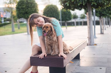 Genç ve güzel bir kadın bankta oturuyor ve cocker spaniel köpeğiyle oynuyor ve eğleniyor, yaz günbatımında parkta.