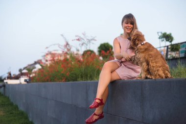 Genç ve güzel bir kadın cocker köpeğini kucaklar ve öper. Yaz günbatımında halk parkında.