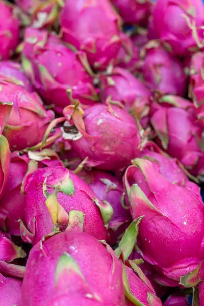 Pembe bir pitaya ya da bir pitahaya çarşı tezgahında, arka plan olarak tam kare. Türkiye 'de pazarda ejderha meyvesi. 