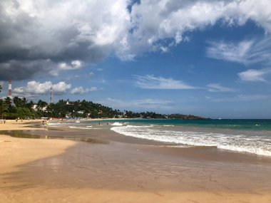 Sri Lanka 'daki tropikal egzotik cennet, sahilde asılı duran palmiyeler, mavi gökyüzü ve su, kuyular ve rahatlama manzarası.