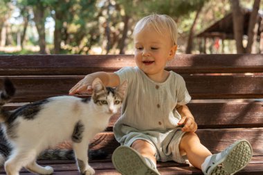 Antalya 'da halka açık bir parkta kedi yavrularıyla oynayan sevimli sarışın kız, kollarında vahşi kediler taşıyor, onları okşuyor ve sarılıyor. Mutlu gülümseyen çocuk ve sabırsız başıboş hayvanlar. Sevgi ve