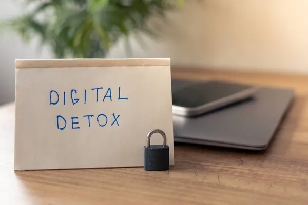 DiGITAL DETOX etiketli el yazısıyla yazılmış bir not rustik ahşap bir masanın üzerinde duruyor, fişi çekme ve ekranlara ara verme temasını vurguluyor. Notun yanında, küçük bir asma kilit akıllı bir telefonu güvenceye alıyor.