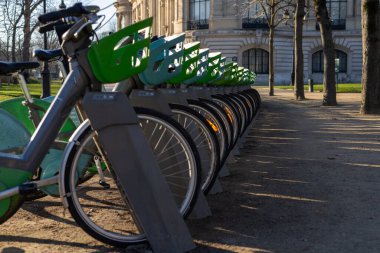 Parlak yeşil sepetli birkaç bisiklet kamu bisiklet paylaşım istasyonunda düzgün park edilmiştir. Sabahın erken saatlerinde Paris 'in ağaçlarla kaplı sessiz bir caddesinde yumuşak gölgeler belirir..