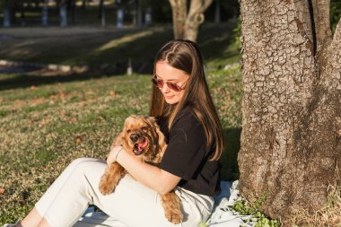 Kucağında cocker spaniel 'i olan güçlü bir ağacın yanında dinlenen bir kadın. İkisi de neşe ve şefkat ifadelerini sunuyor güneşli bir parkta, yeşil bir günde..