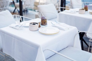 Güzelce düzenlenmiş bir yemek masasında şık masa örtüsü, şık bir sofra takımı, bir tabak, peçete ve şık bir restoran ortamında hazırlanmış küçük bir dekoratif bitki bulunur..