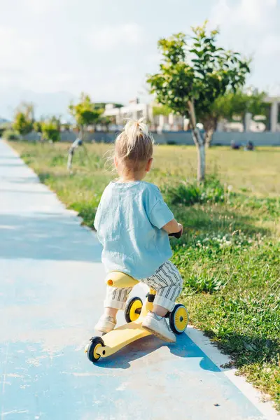 Küçük bir çocuk, parktaki bakımlı bir patika boyunca sarı bir scooter sürmekten zevk alır. Bölge, berrak bir gökyüzünün altında yemyeşil çimenler ve ağaçlar barındırarak açık havada neşeli bir atmosfer yaratıyor..