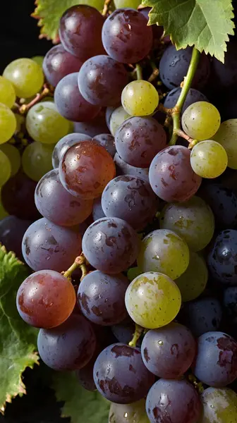 Sarmaşıktaki olgun üzümlere yakın çekim. Sarmaşıkta üzüm ve kırmızı üzümler var.
