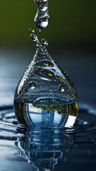 Su damlaları mavi bir zemin üzerine damlar, bardakta bir damla su.