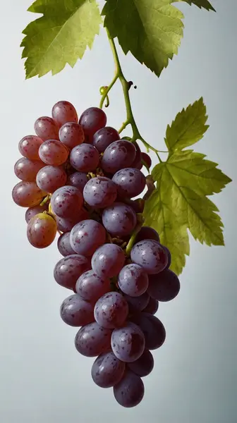 Açık yeşil arka planda yaprakları olan üzümler, bir demet üzüm, sarmaşıkta kırmızı üzüm, bir demet kırmızı üzüm.