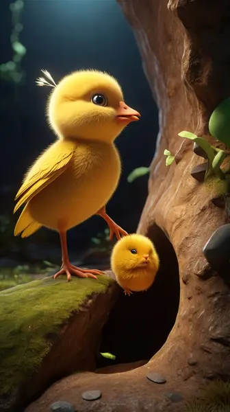 Sarı civciv sarı bir civle yuvada. Kaliteli fotoğraf. Ördek gölette, ördek suda