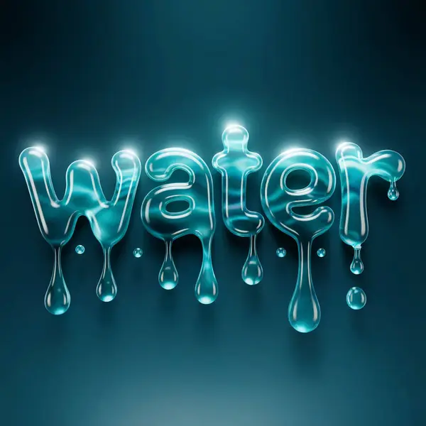 Mavi arka planda su sıçraması. Birçok küreden oluşan bir işaretin 3D çizimi