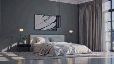 3 boyutlu modern yatak odası. Büyük bir yatak odası ve penceresi var. Yatak odasının içi, yataklı otel odası.