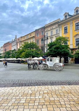 Eski Krakow kasabasında akşam yürüyüşü. Polonya 'nın Krakow şehrinde tarihi evleri olan bir cadde. Yüksek kalite fotoğraf