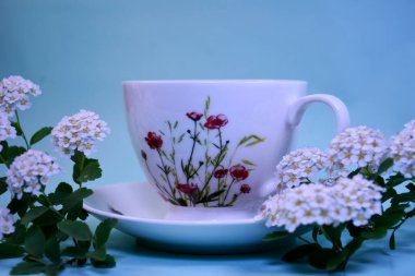 Mavi arka planda beyaz çiçekli aromalı çay tabağındaki porselen bardak.