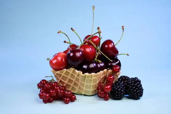 Olgun üzümler, kirazlar ve böğürtlenler mavi arka planda waffle sepetinde