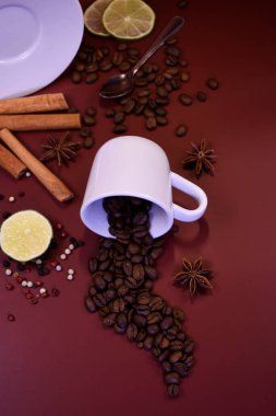 Yüzeyde tarçınlı kahve çekirdekleri ve kakule. Durgun hayat.