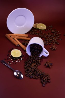 Yüzeyde tarçınlı kahve çekirdekleri ve kakule. Durgun hayat.