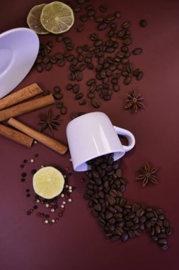 Yüzeyde tarçınlı kahve çekirdekleri ve kakule. Durgun hayat.