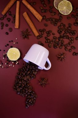 Yüzeyde tarçınlı kahve çekirdekleri ve kakule. Durgun hayat.