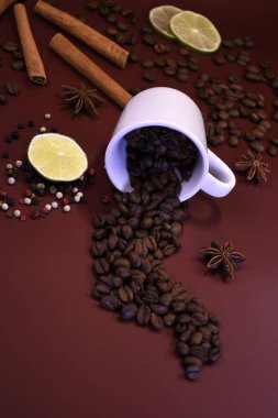 Yüzeyde tarçınlı kahve çekirdekleri ve kakule. Durgun hayat.