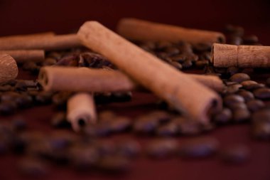 Tarçın kahve çekirdekleri bir arka plan üzerinde sopa