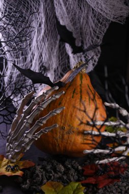 Cadılar Bayramı. Tatil için arka plan. İskeletin ellerinde yaprakları olan bir balkabağı. Örümcekler, toprak, örümcek ağı, sonbahar.