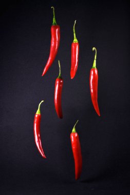Siyah arka planda kırmızı kırmızı kırmızı biber. Sıcak kırmızı biber uçuyor. Siyah arka planda hala hayat var. Parlak biber.