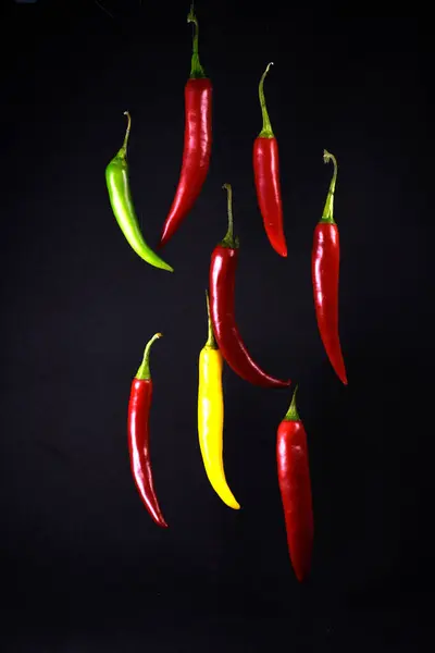 Siyah arka planda kırmızı kırmızı kırmızı biber. Sıcak kırmızı biber uçuyor. Siyah arka planda hala hayat var. Parlak biber.