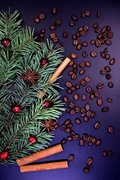 Siyah arka planda taze yaban mersinli Noel ağacı dalları. Yıldız anason, kahve çekirdekleri ve tarçın çubukları yüzeyde. Yeni yıl, Noel havası.