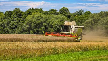 Güneşli bir yaz gününde hasat tarlasında çalışan hasatçıyı birleştirin.. 