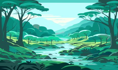 Tepelik bir alanda deresi olan bir manzaranın vektör çizimi.