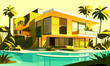 Sahilde sarı gözlüklü modern bungalov. Vektör grafikleri