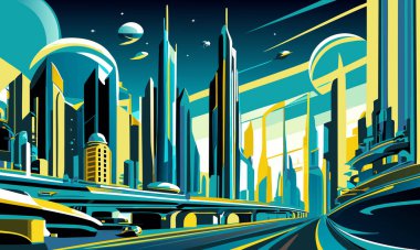Yüksek fütüristik binalar, parlak röfleli gece gökyüzü ve yıldız mekikleri içeren soyut bilgi birikimi.