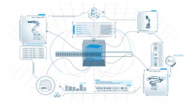 Alfa kanalındaki robotik sistemler ve dijital imalat, bilgi grafikleri teması üzerine animasyon.