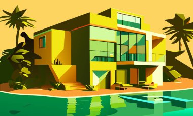 Sahilde sarı gölgeli modern bir ev. Vektör grafikleri
