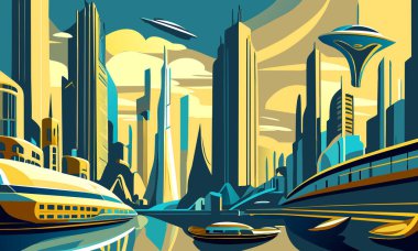 Merkezde retro gölgeli bir metropol ve ön planda su taşımacılığı olan soyut uzay posteri.