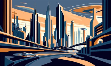 Mavi tonlarda soyut bilgi, fütüristik yüksek binalar ve güzel parlak ışık..