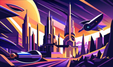 Gezegen yüzeyinin ve günbatımı gökyüzünün zemininde uçan uzay mekikleriyle dolu parlak ve güzel bir şehir..