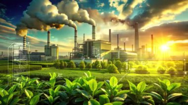 Günbatımında yeşil teknoloji veri analizi ile atmosfere kirlilik yayan modern endüstriyel fabrika.